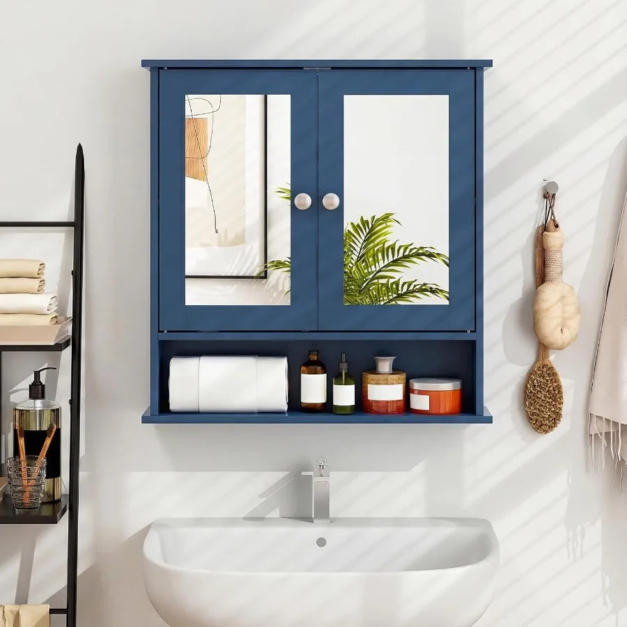 Tangkula Bathroom Medicine Cabinet With Mirror, Wall Mounted Wooden Hanging Organizer With Doors And Shelves, Bathroom Wall Mirr