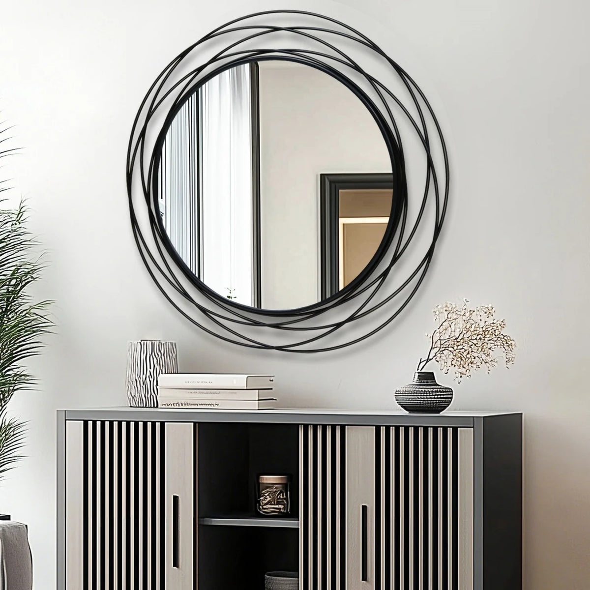 Decorative Round Wall Mirror With Iron Wire Frame For Home Decor