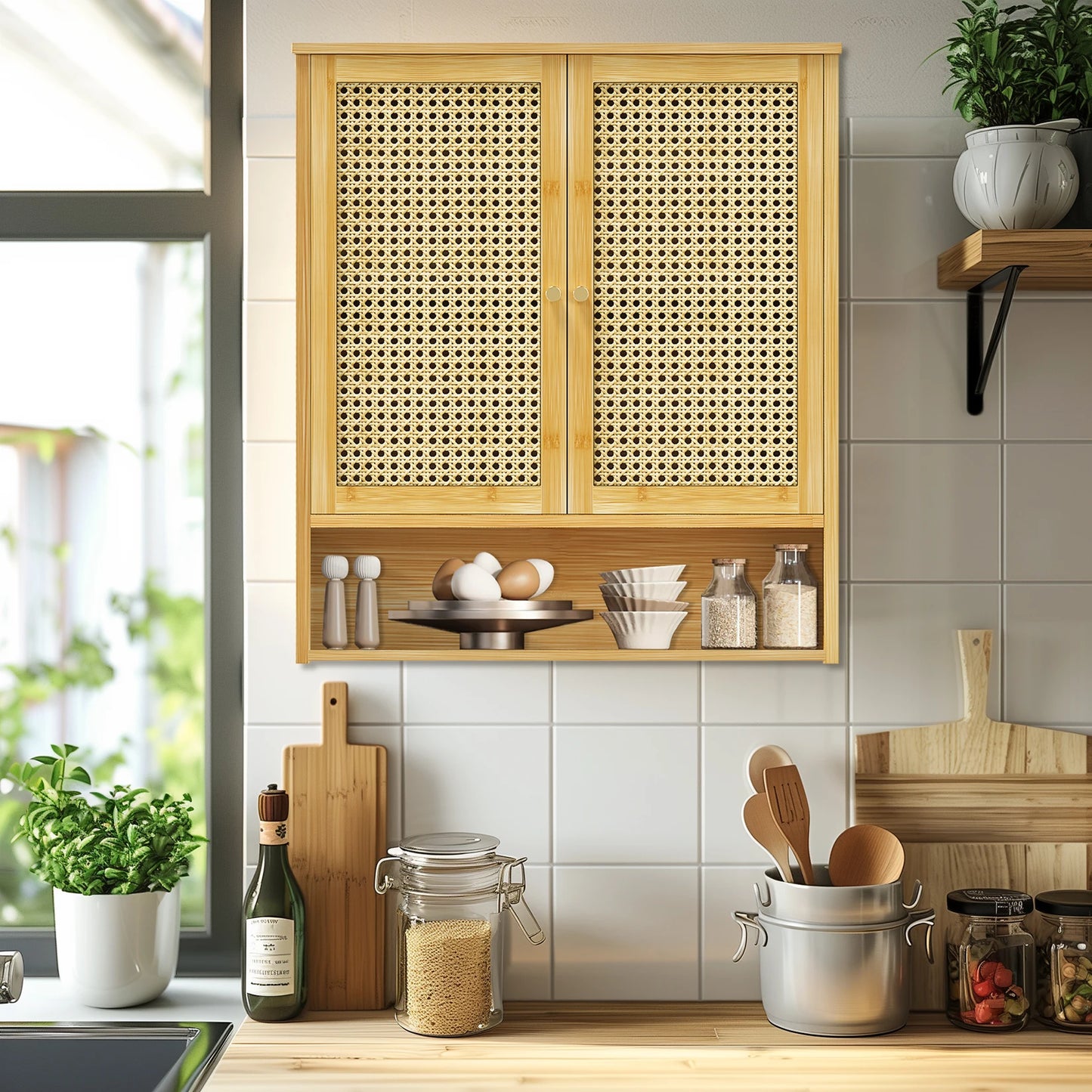 Bamboo Wall Cabinet For Bathroom And Kitchen, 3 Shelves, 2 Doors