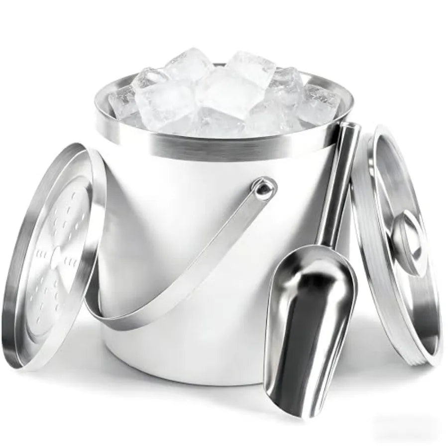 3L Double-Wall Insulated Stainless Steel Ice Bucket with scoop for Cocktail Bar - Metal Ice Bucket for freezer with Lid for par