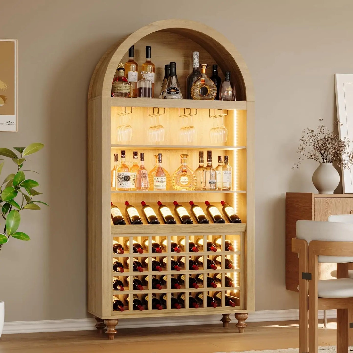 Wine Bar Cabinet With LED Lighting And Glassware Storage
