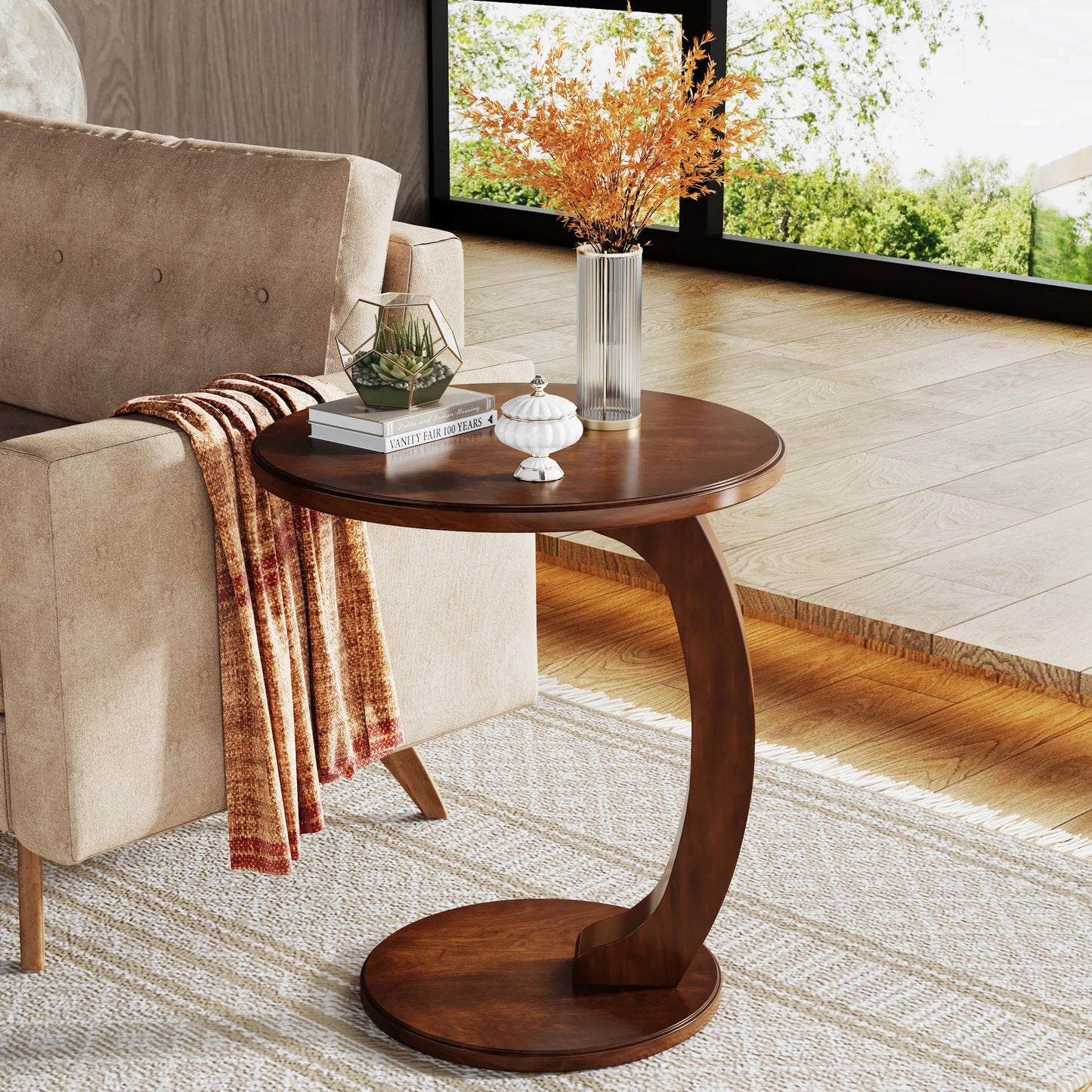 Tribesigns Round End Table, Wood C-Shaped Side Table, Small Couch Side Table, Mid-Century End Table, Retro Side Table