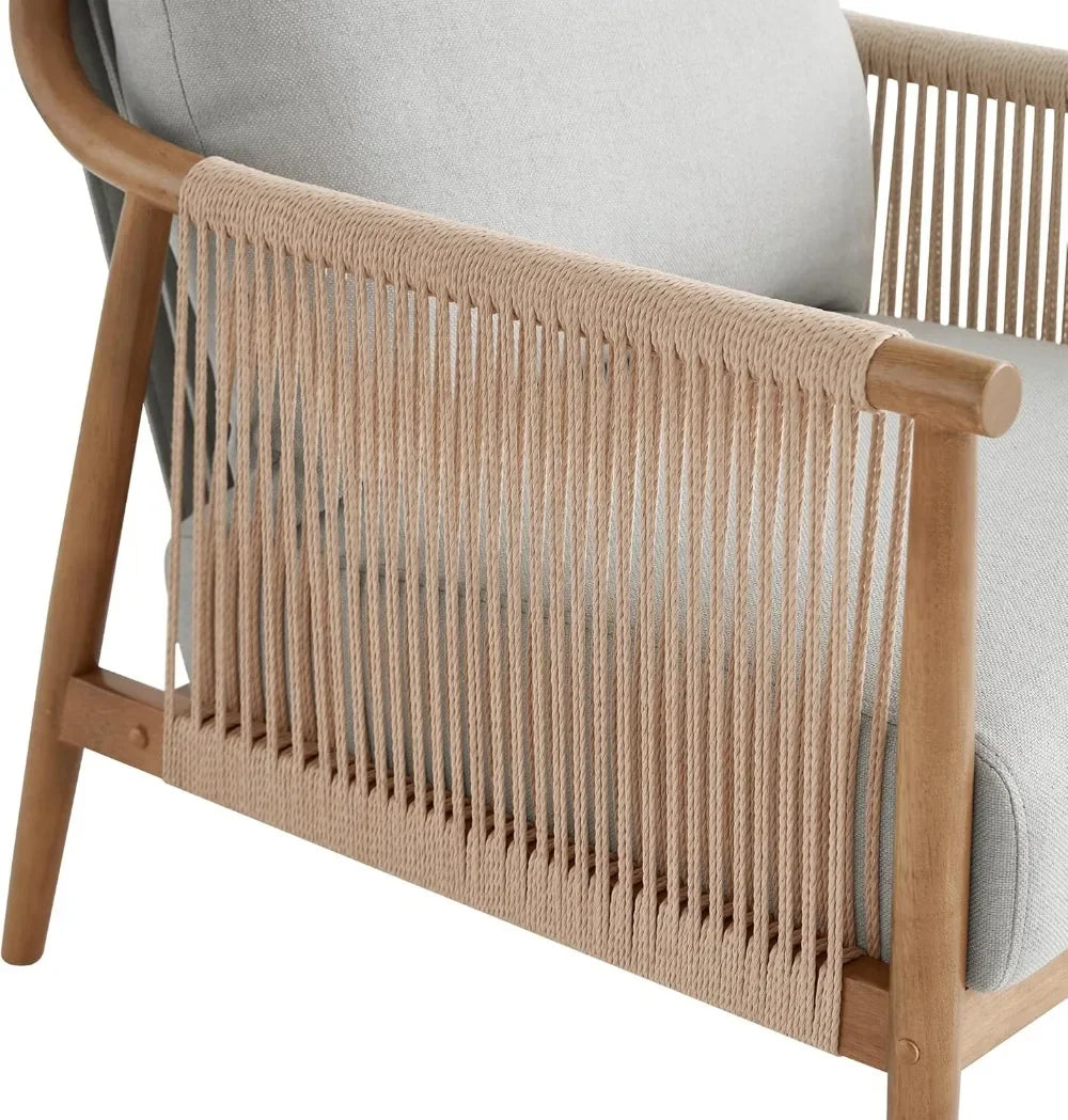 Set of 2 Braid Accent Chairs with Solid Wooden Armrests, Modern Boho Reading Armchair for Living Room, Bedroom, Light Grey