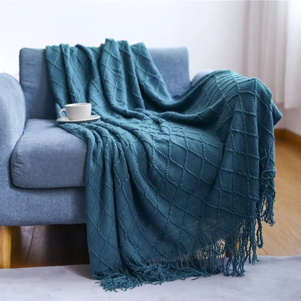 Acrylic Knitted Throw Blanket With Tassels For Sofa And Bed