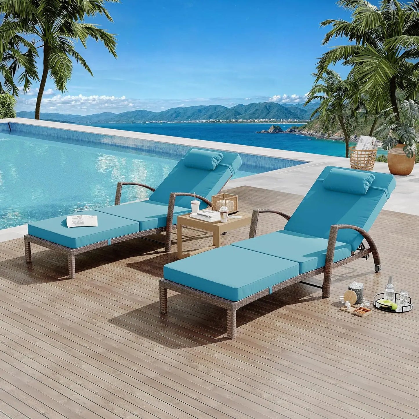 Outdoor Rattan Folding Chaise Lounge Set With Five Position Back