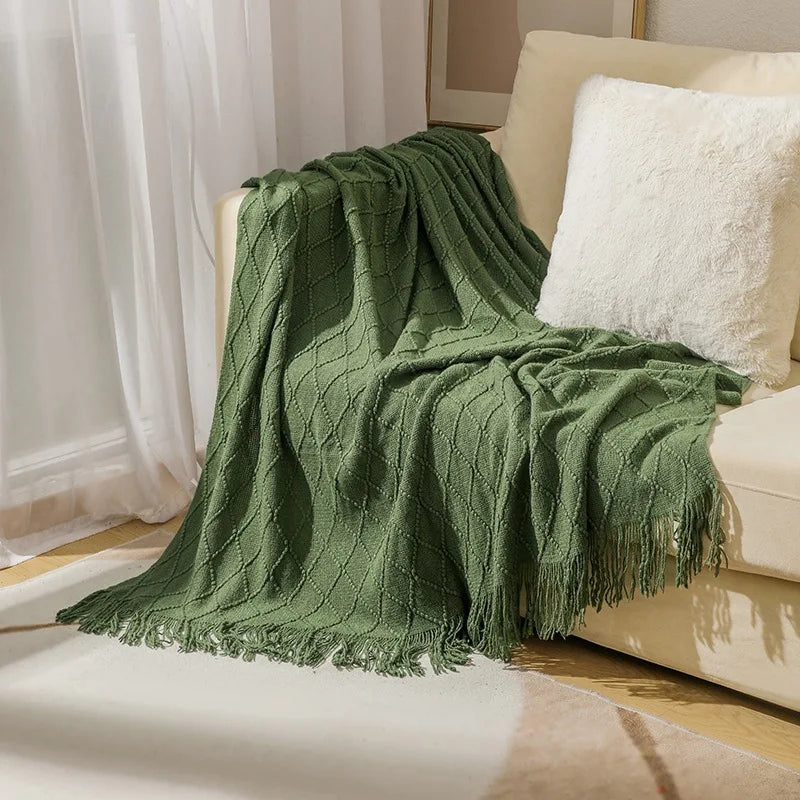 Acrylic Knitted Throw Blanket With Tassels For Sofa And Bed