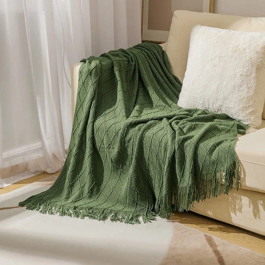 Acrylic Knitted Throw Blanket With Tassels For Sofa And Bed