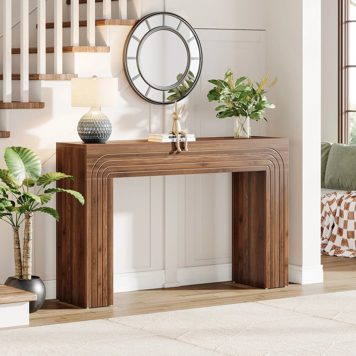 Rustic Bamboo Foyer Console Table With Matching Wall Mirror