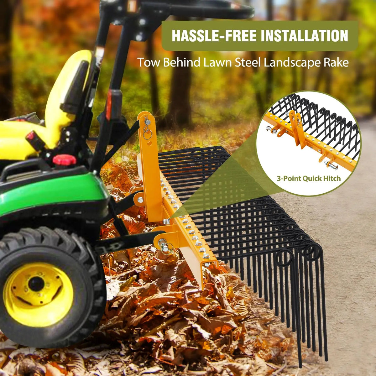 72 Inch Pine Straw Rake, 30 Coil Spring Tines Durable Powder Coated Steel Tow Behind Landscape Rake with 3 Point Hitch Receiver Attachment Fit to Cat0 Cat 1 Tractors for Leaves Grass