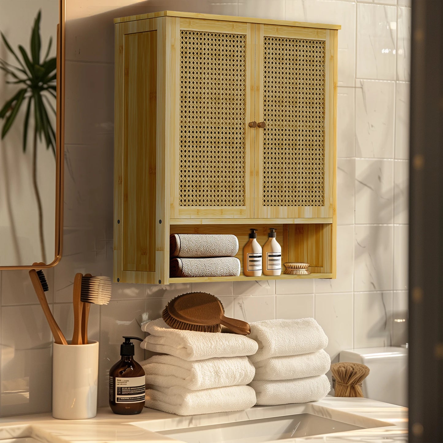 Bamboo Wall Cabinet For Bathroom And Kitchen, 3 Shelves, 2 Doors