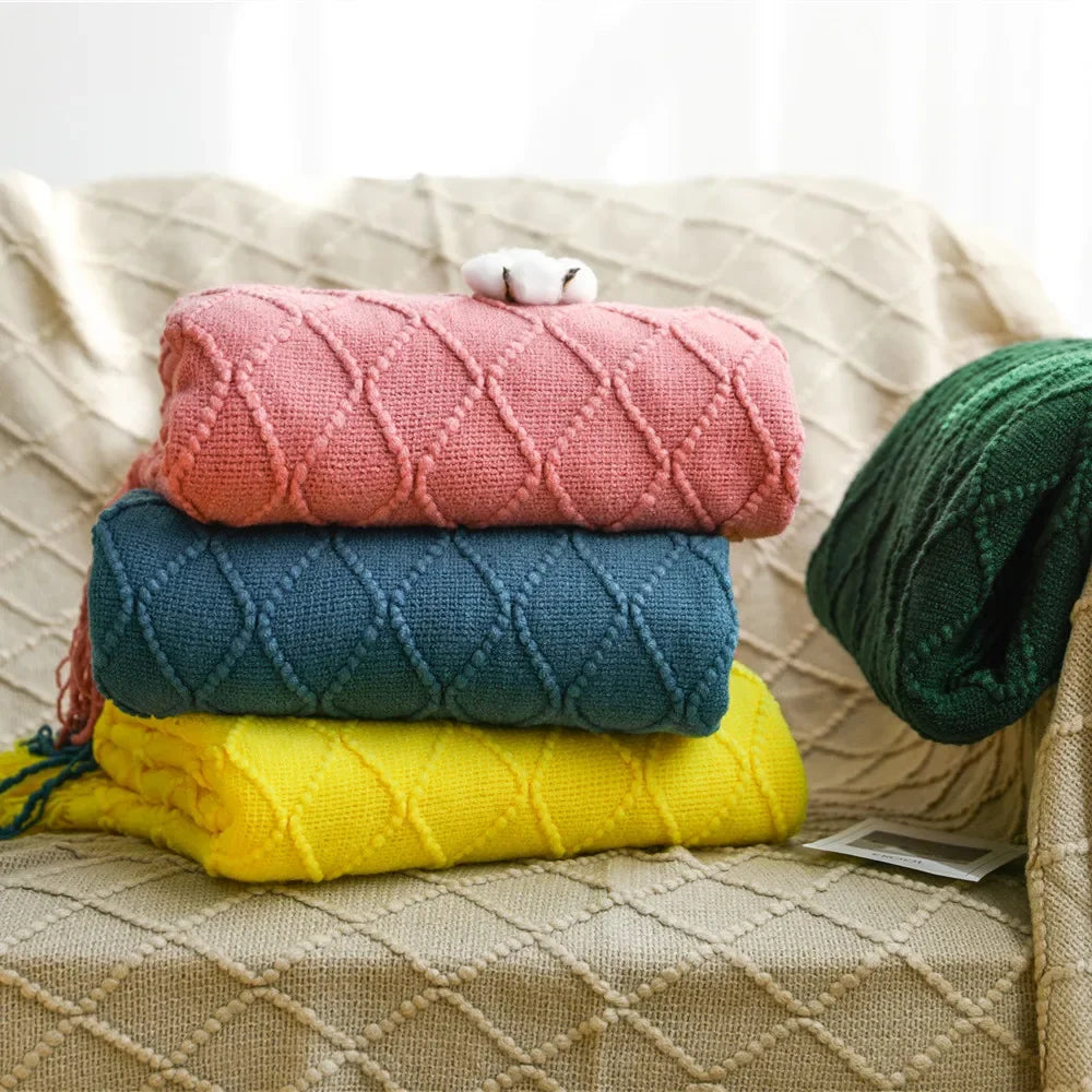 Acrylic Knitted Throw Blanket With Tassels For Sofa And Bed