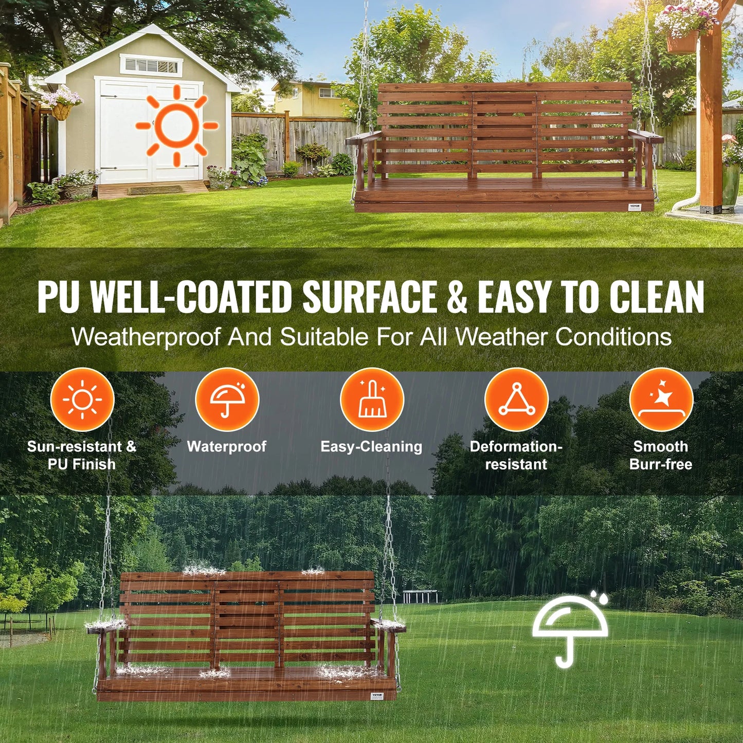 SucceBuy Wooden Porch Swing With 880 Lb Load Capacity