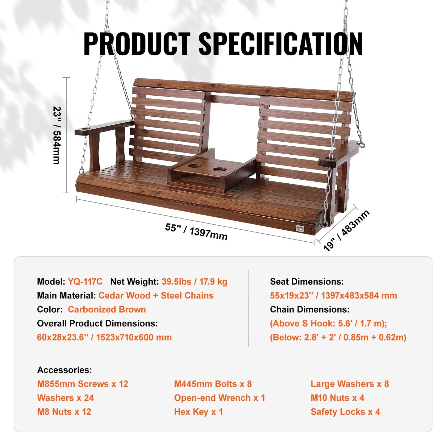 SucceBuy Wooden Porch Swing With 880 Lb Load Capacity