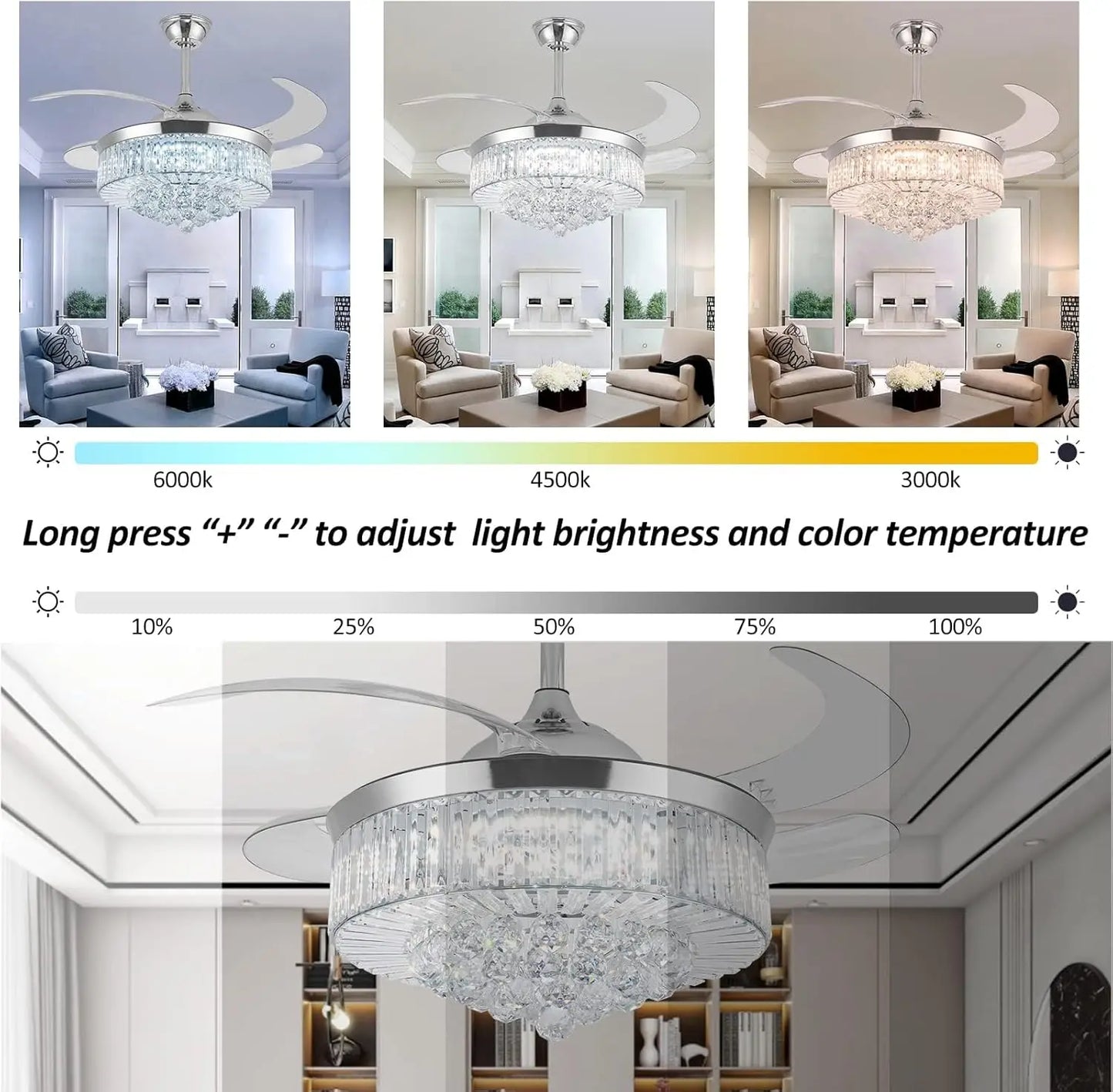 Crystal Ceiling Fan With Light Remote Retractable Blades 6 Speeds