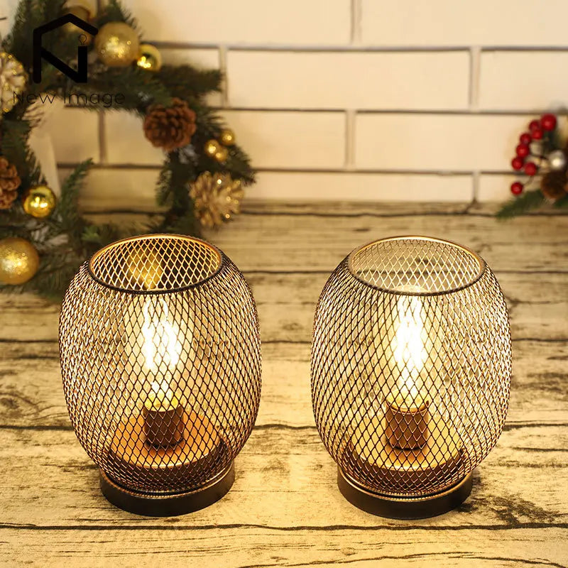 NEWIMAGE Metal Cage Table Lamp LED Lantern Battery Powered
