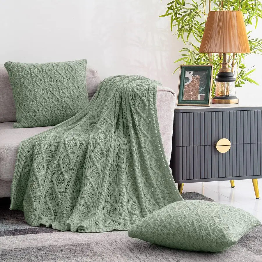 Cable Knit Throw Blanket and Pillow Set, Sage Green Set of 3, Knitted Throw 50x60 amp 2 Pillow Covers 18x18, Soft amp Cozy Decor
