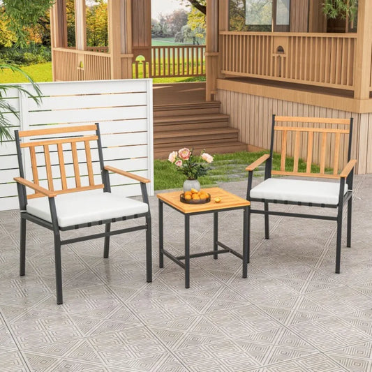 3 Pcs Patio Garden Acacia Wood Furniture Chair Set w/ Seat Cushion Coffee Table