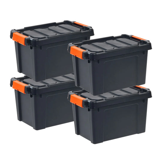 IRIS 5 Gallon Black Plastic Latching Storage Bin with Lid Tote, Plastic Storage Container with Lid, 4-Pack