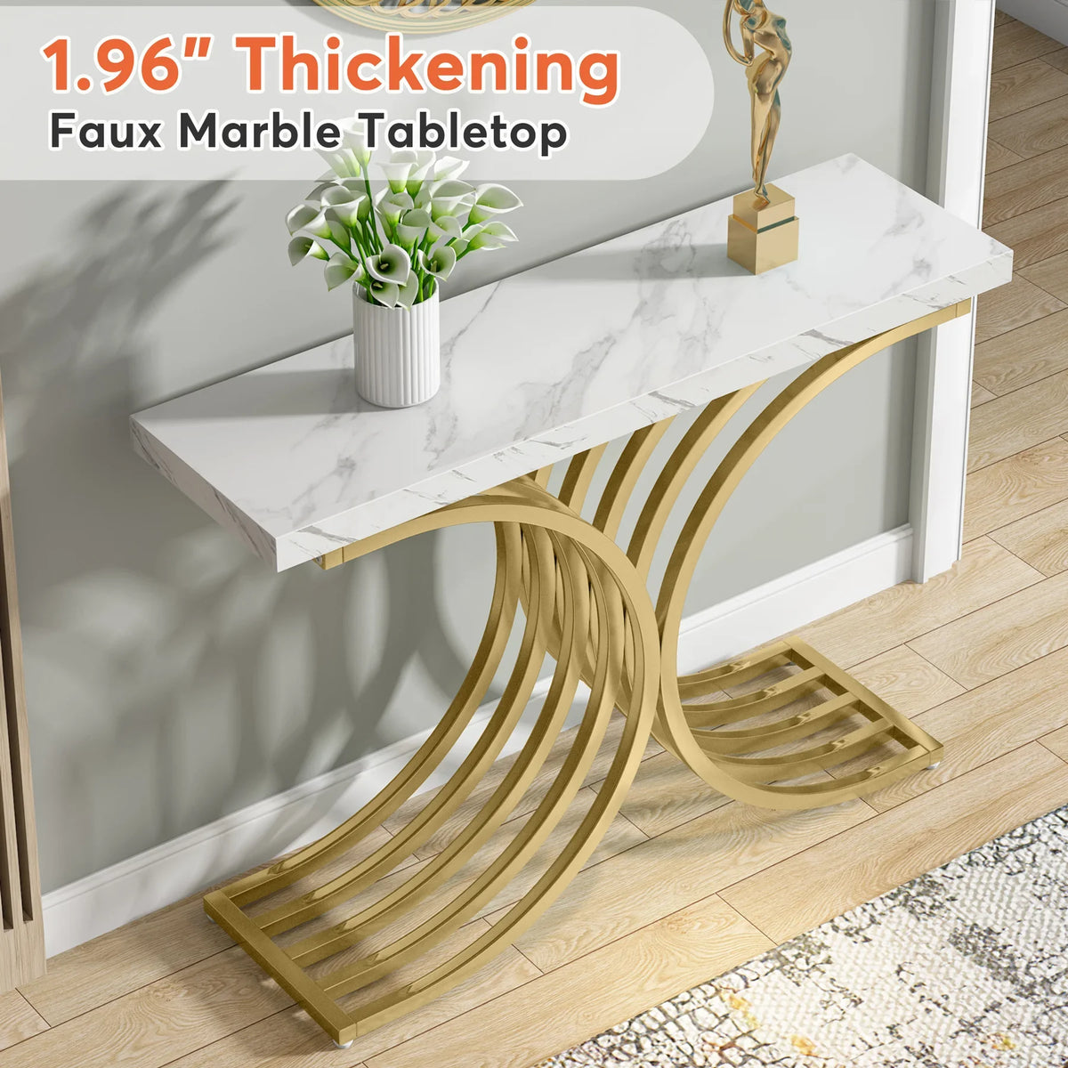 Tribesigns   Wooden Luxury Living Room Furniture Modern White Faux Marble Top Gold Metal Console Table