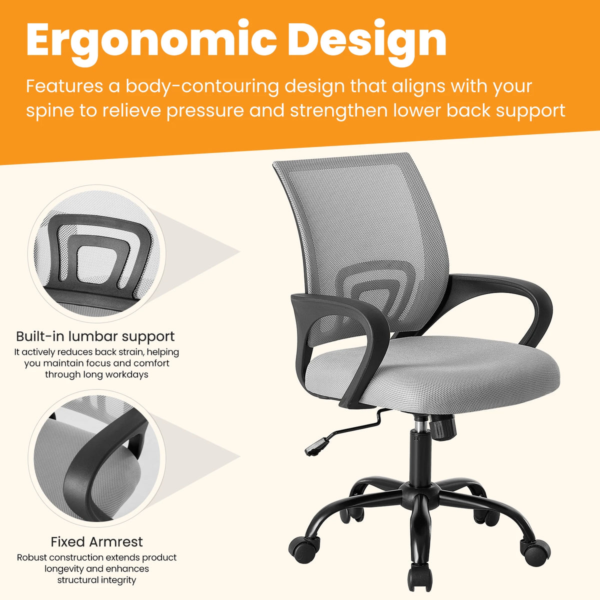 MCQ Office Desk Ergonomic Gaming Chair Height Adjustable with Fixed Armrest 360° Swivel Storage Back for Computer Meeting Room