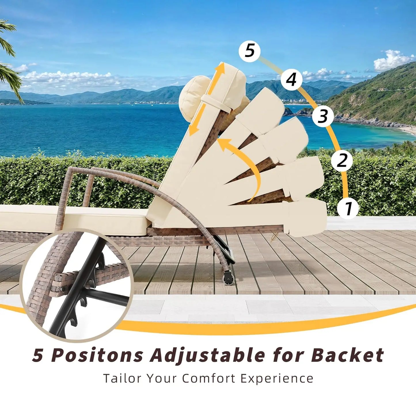 Outdoor Rattan Folding Chaise Lounge Set With Five Position Back