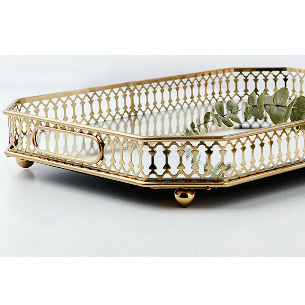 Large 35x25cm Golden Rectangular Metal Tray with Glass Top for Makeup Jewelry Storage Organizer in Living Room Bedroom Decor