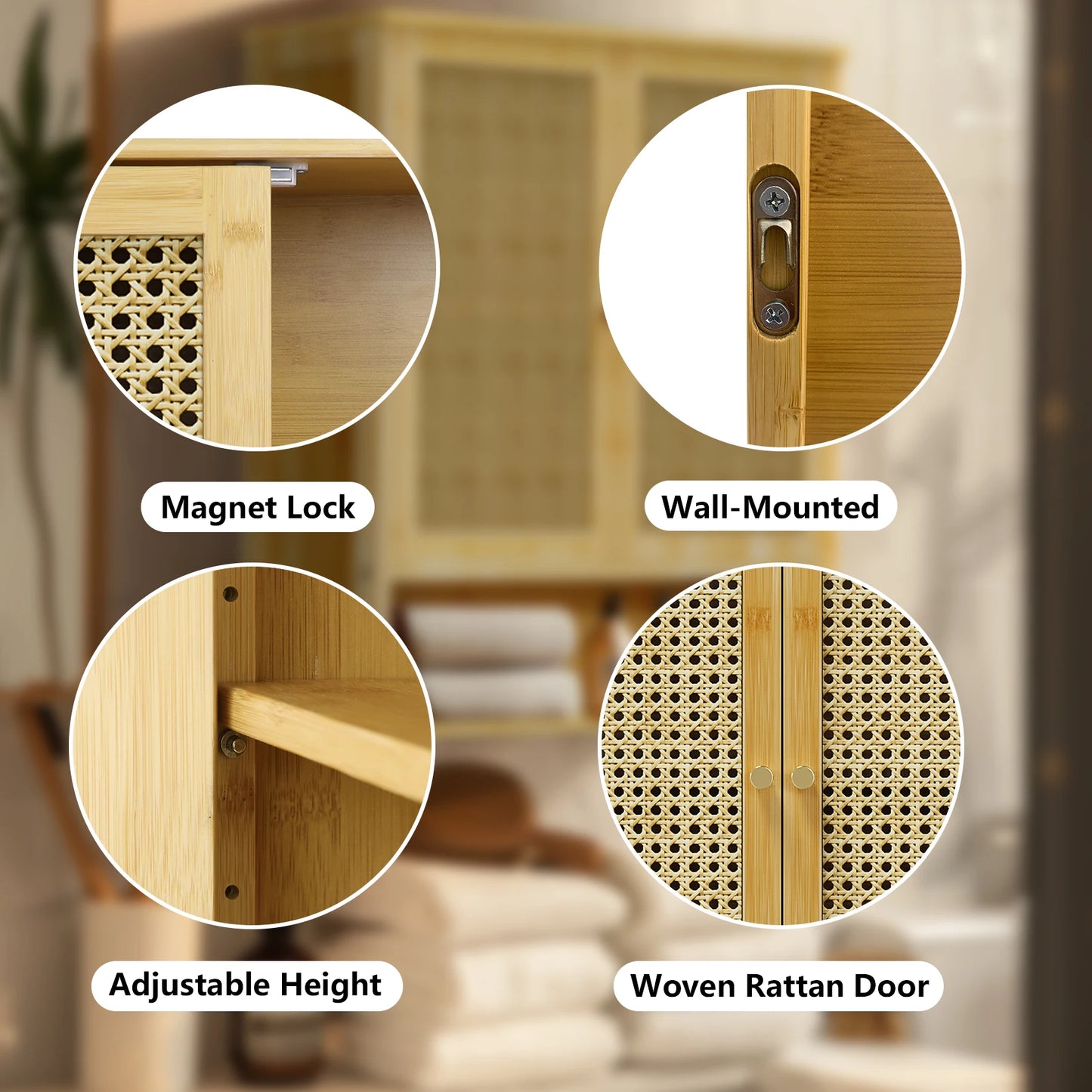 Bamboo Wall Cabinet For Bathroom And Kitchen, 3 Shelves, 2 Doors
