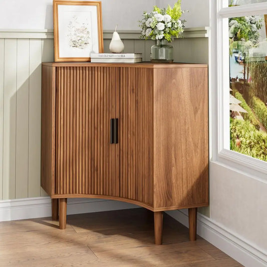 Corner Cabinet, Small Corner Floor Cabinet with Sliding Doors and Adjustable Shelves, Modern Wooden Freestanding Narrow Storage