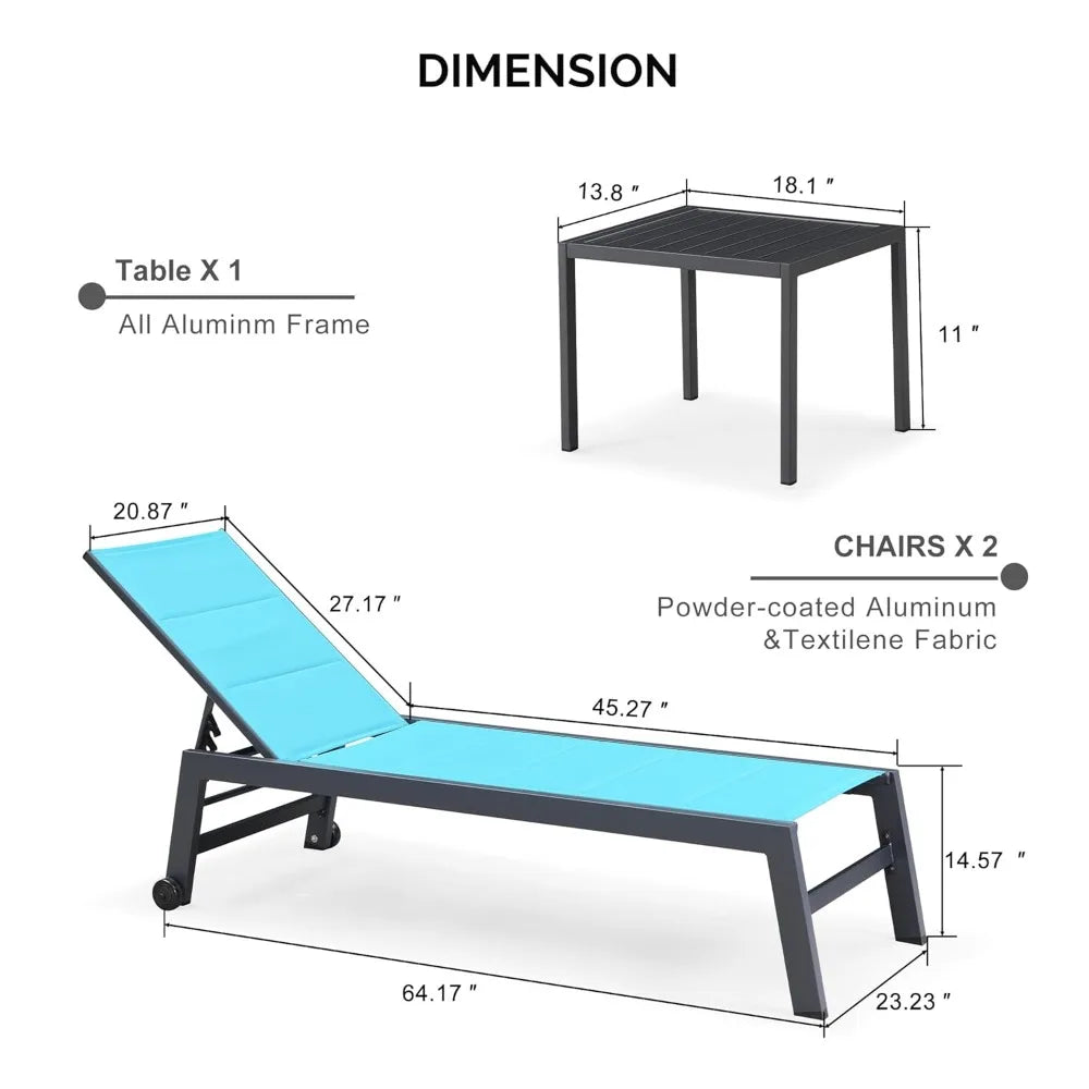 Outdoor Chaise Lounge Set of 2 Aluminum Patio Lounge Chair with Wheels and Side Table Pool Chaise Lounge Chair for, Customized