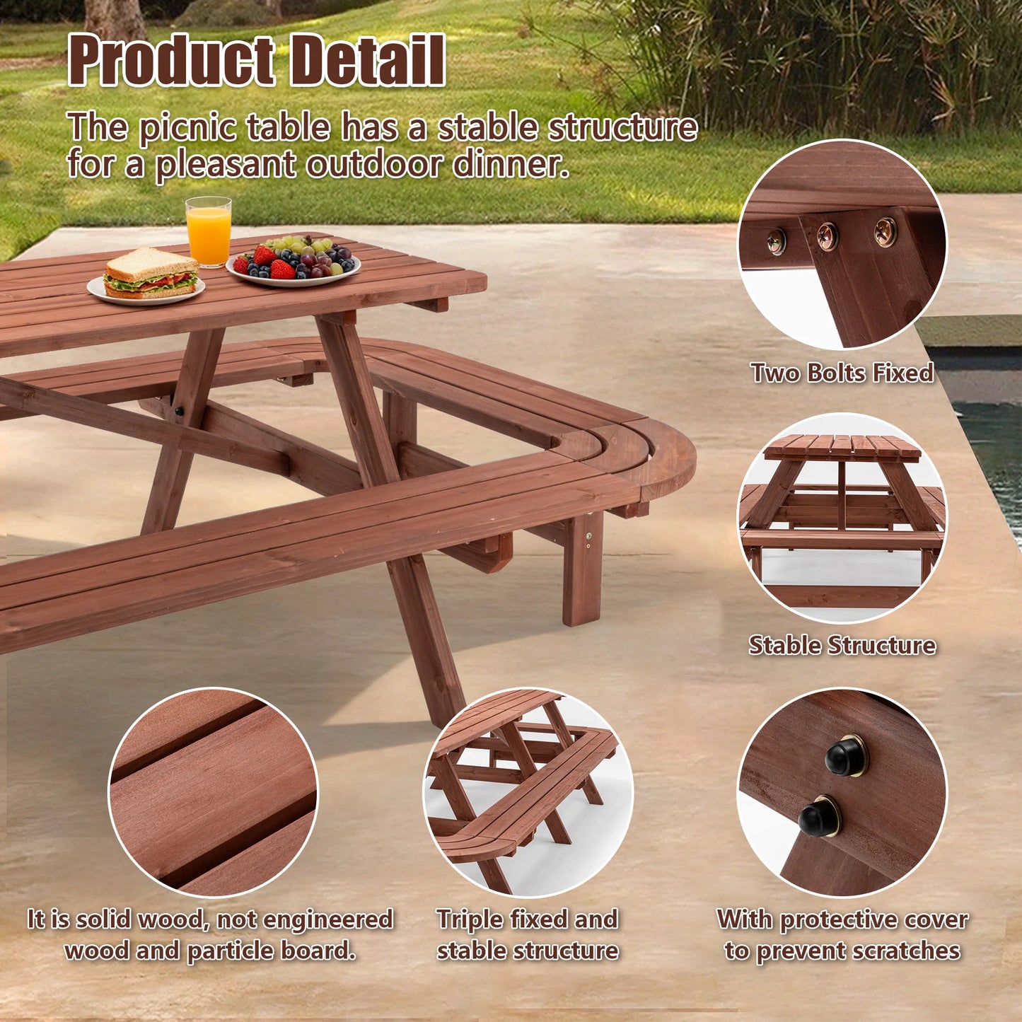Wooden Outdoor Picnic Table With Umbrella Hole For Patio Deck