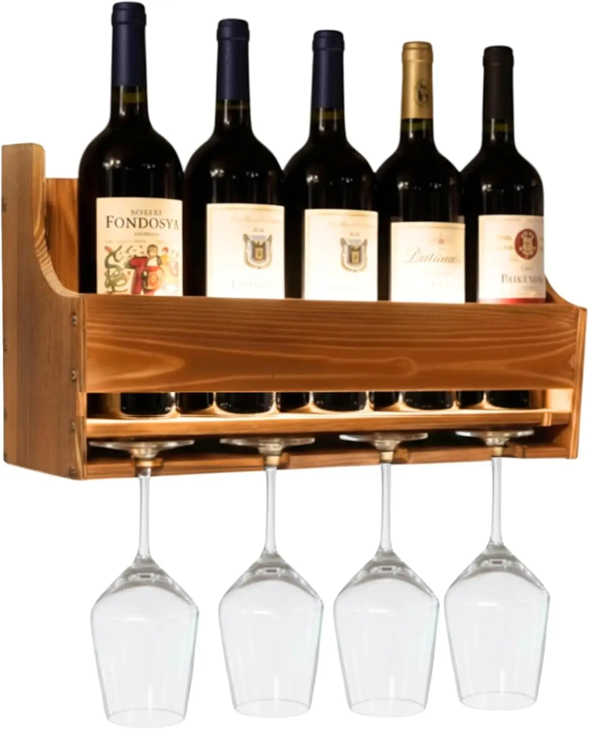 Wall Mounted LED Wine Rack with Glass Holder, 4-Bottle & 4-Glass Space-Saving Bar Shelves for Home Decor