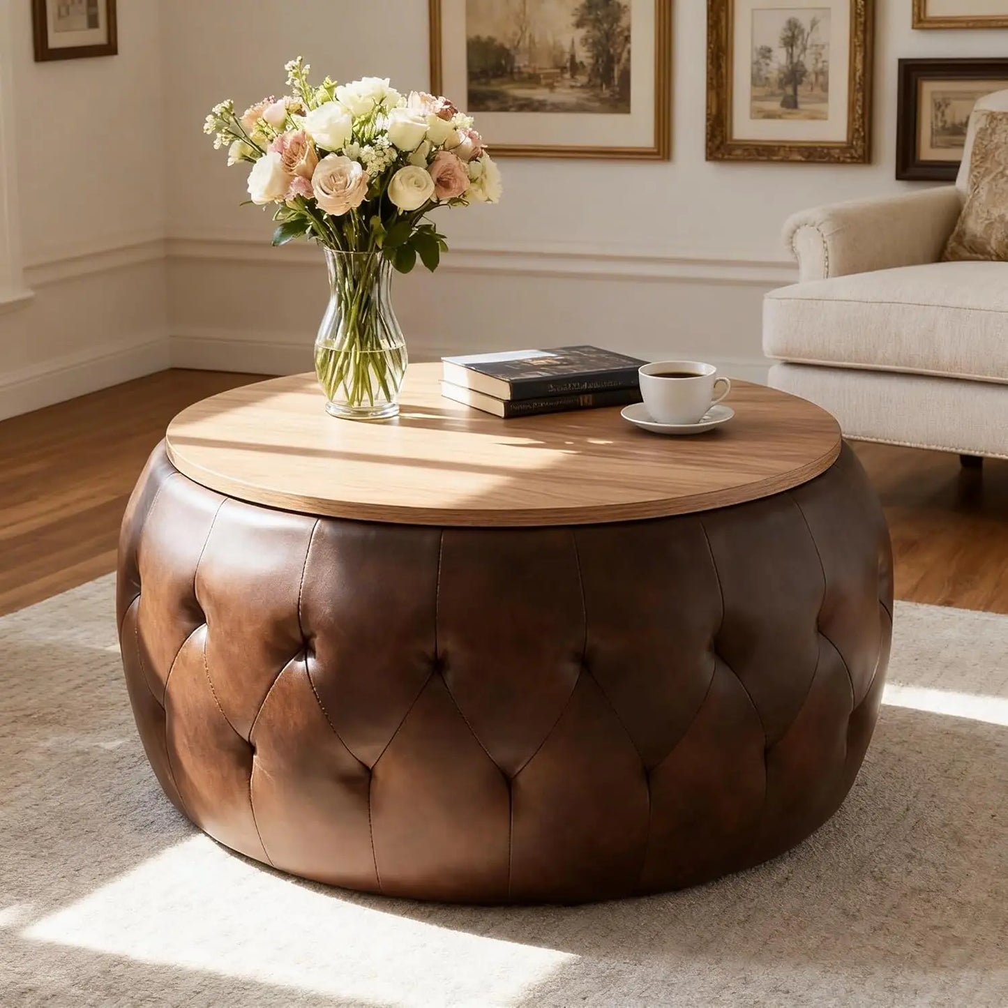 Round Storage Ottoman Coffee Table With Teddy Fabric
