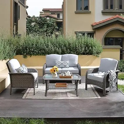4-Piece Wicker Patio Furniture Set, All-Weather Rattan Conversation Bistro Chair and Table Set for Backyard, Balcony an