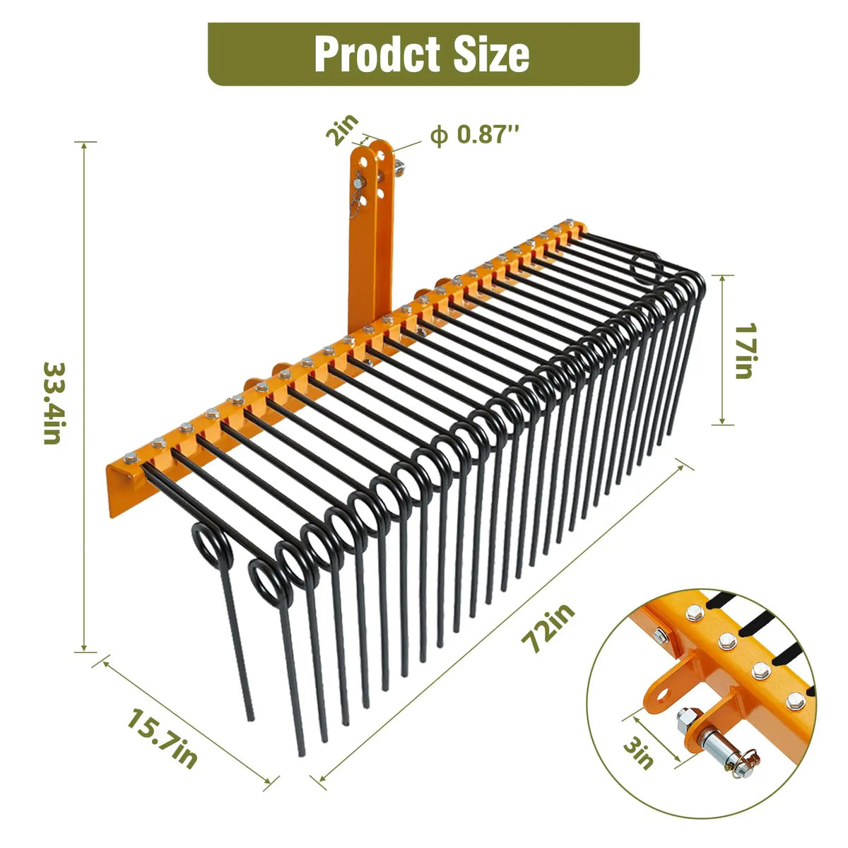 72 Inch Pine Straw Rake, 30 Coil Spring Tines Durable Powder Coated Steel Tow Behind Landscape Rake with 3 Point Hitch Receiver Attachment Fit to Cat0 Cat 1 Tractors for Leaves Grass