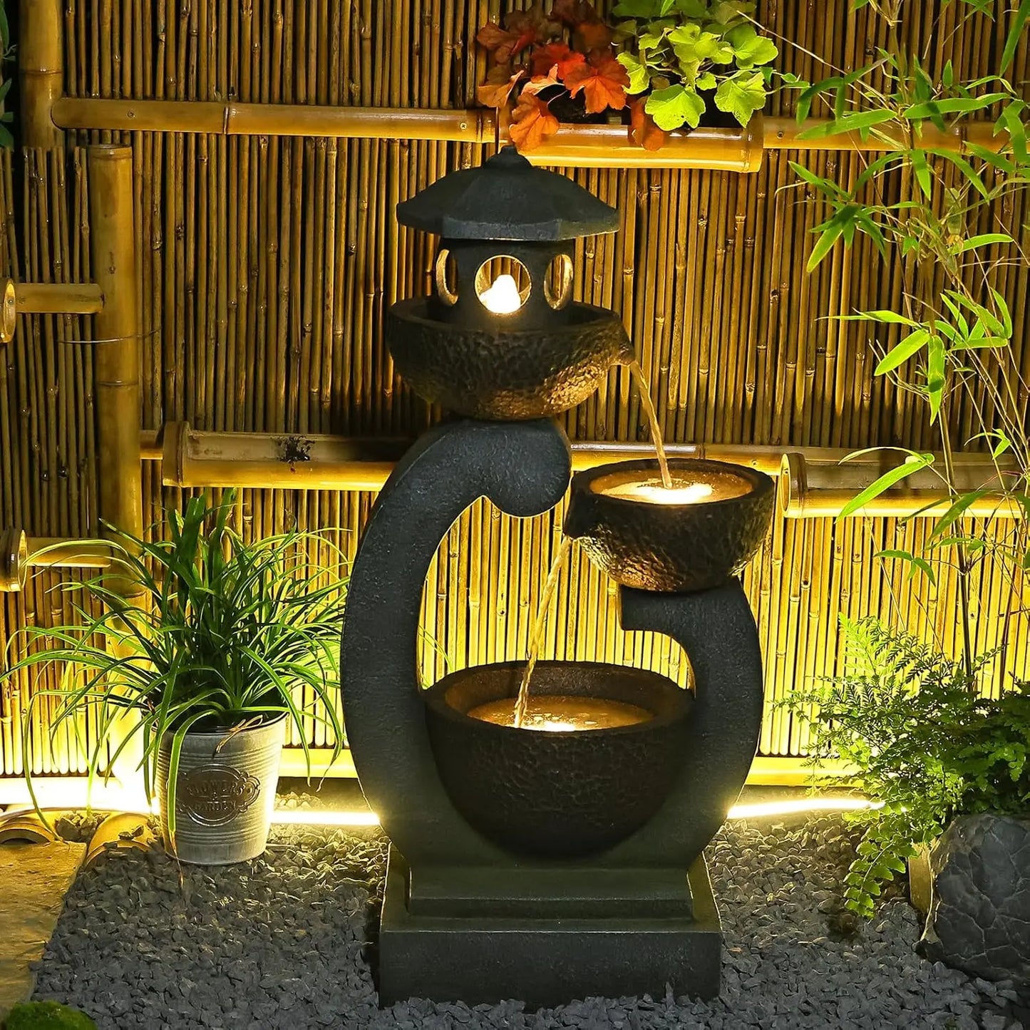 Outdoor Garden Water Fountain Zen Pagoda With LED Lights