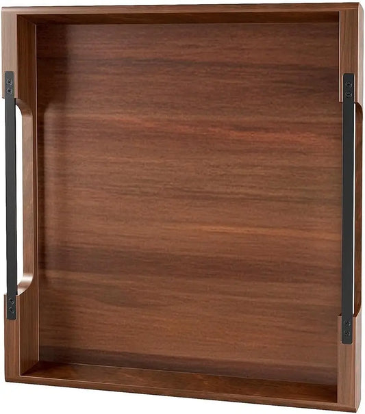 Acacia Wood Serving Tray With Metal Handles For Coffee Table