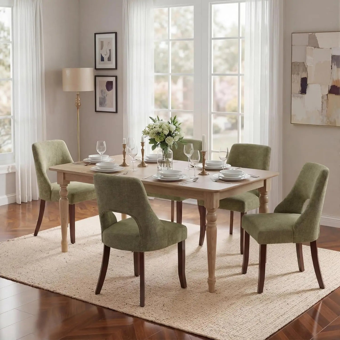 Wooden Dining Chairs Set Of 2 Mid Century Modern Chenille Upholstered