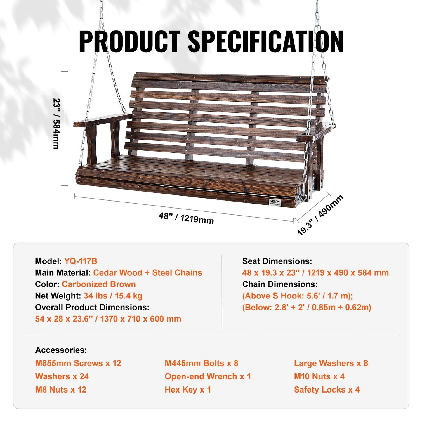 SucceBuy Wooden Porch Swing With 880 Lb Load Capacity