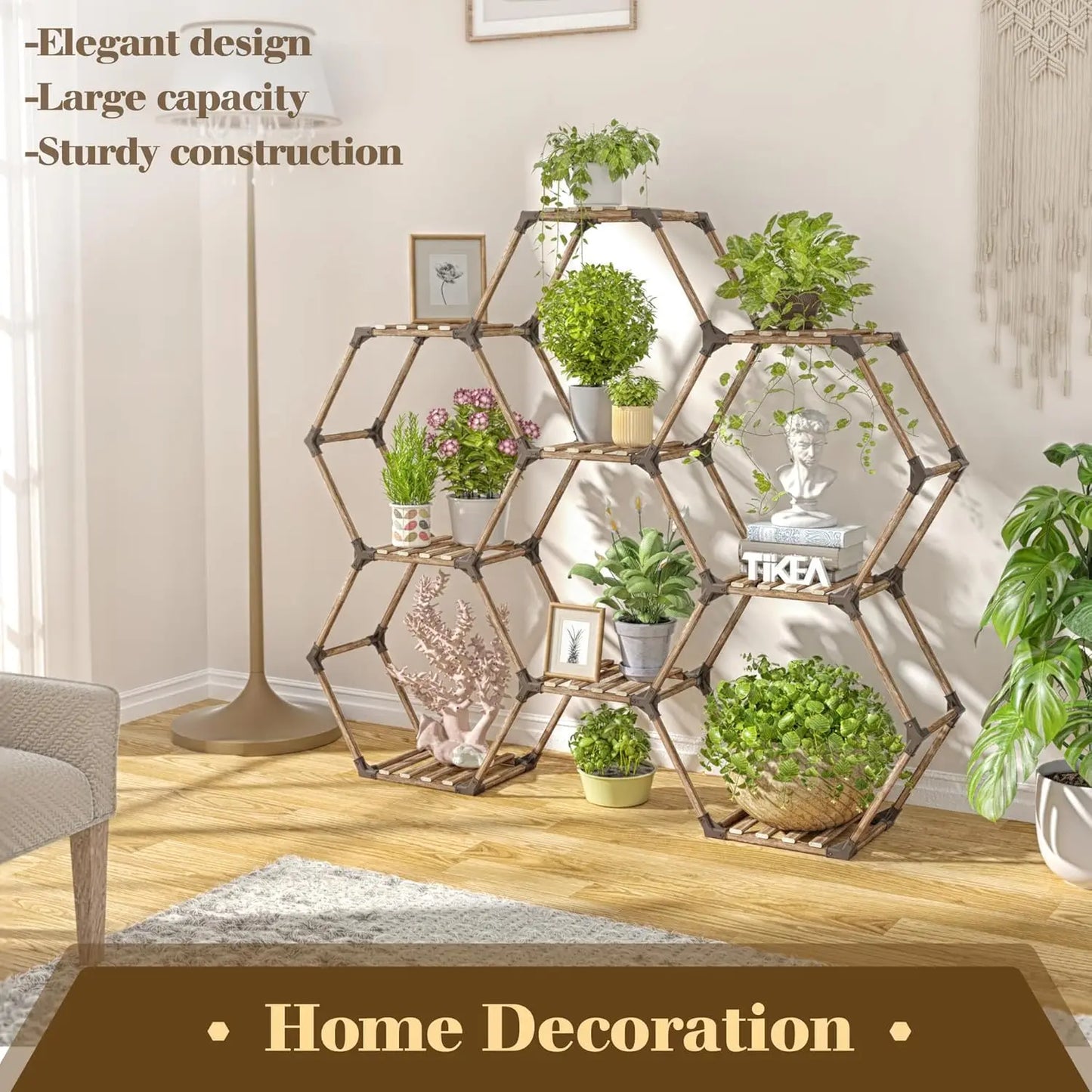 Hexagonal Plant Stand Indoor Outdoor Large Wooden Shelf 6 Tier 9 Pot Holder for Patio Balcony Living Room