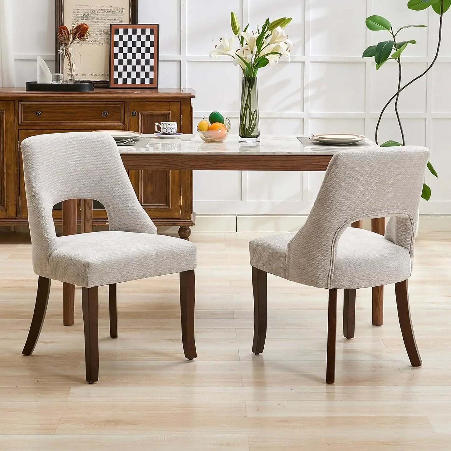 Wooden Dining Chairs Set Of 2 Mid Century Modern Chenille Upholstered