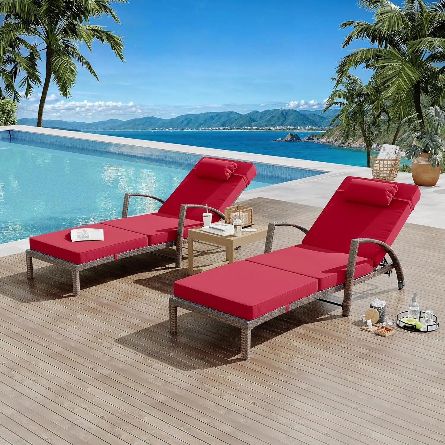 Outdoor Rattan Folding Chaise Lounge Set With Five Position Back