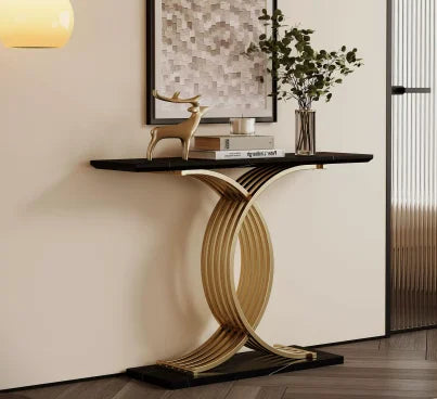 Tribesigns   Wooden Luxury Living Room Furniture Modern White Faux Marble Top Gold Metal Console Table