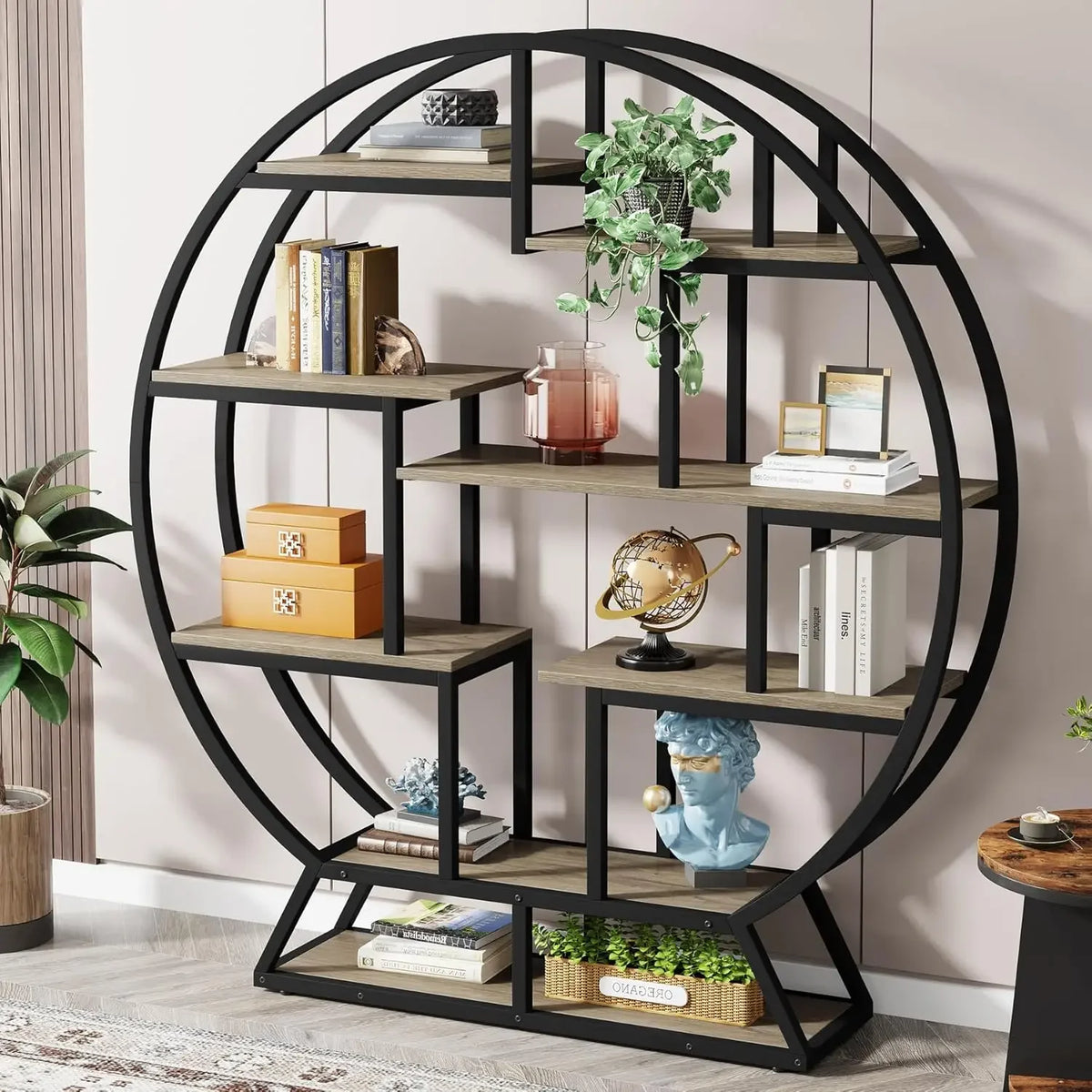 Tribesigns Round Industrial Bookshelf With Staggered Wood Shelves