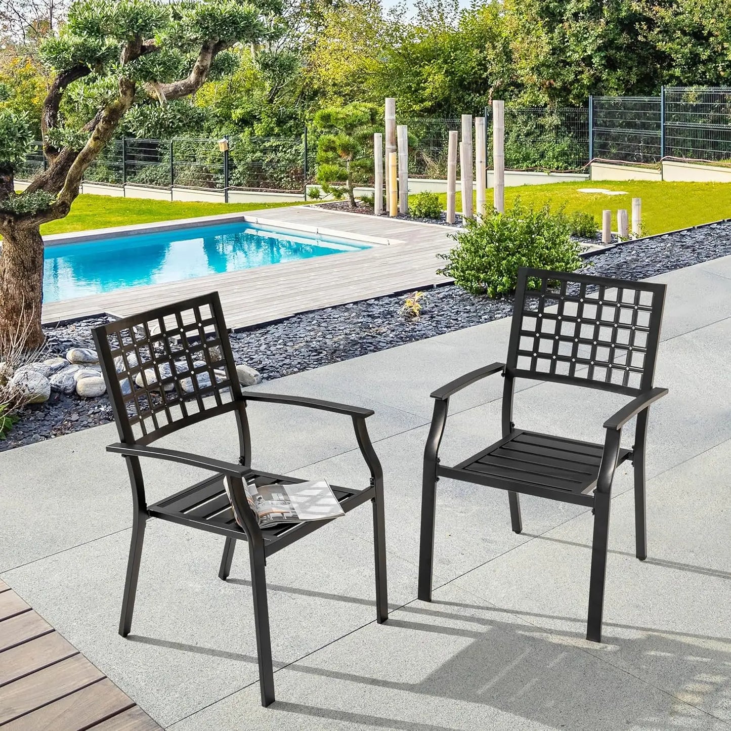 Stackable Metal Patio Dining Chairs with Armrest, Outdoor Garden Backyard Deck Poolside Bistro Set of 2, Black, Custom