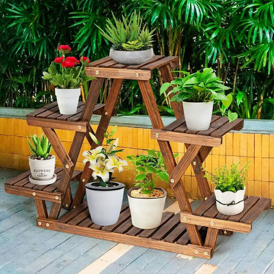 Wisfor 6 Tier Pine Wood Plant Stand Triangle Outdoor Shelf