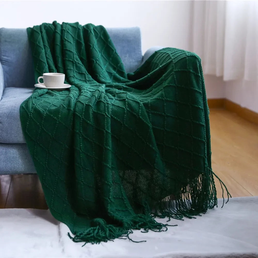 Acrylic Knitted Throw Blanket With Tassels For Sofa And Bed