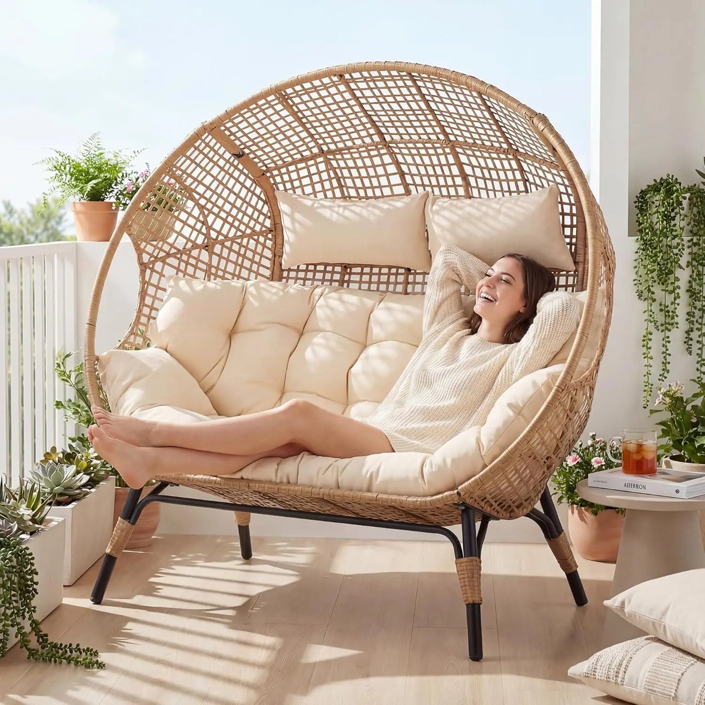 Double Egg Loveseat Wicker Rattan Cushioned Patio Sofa For Garden