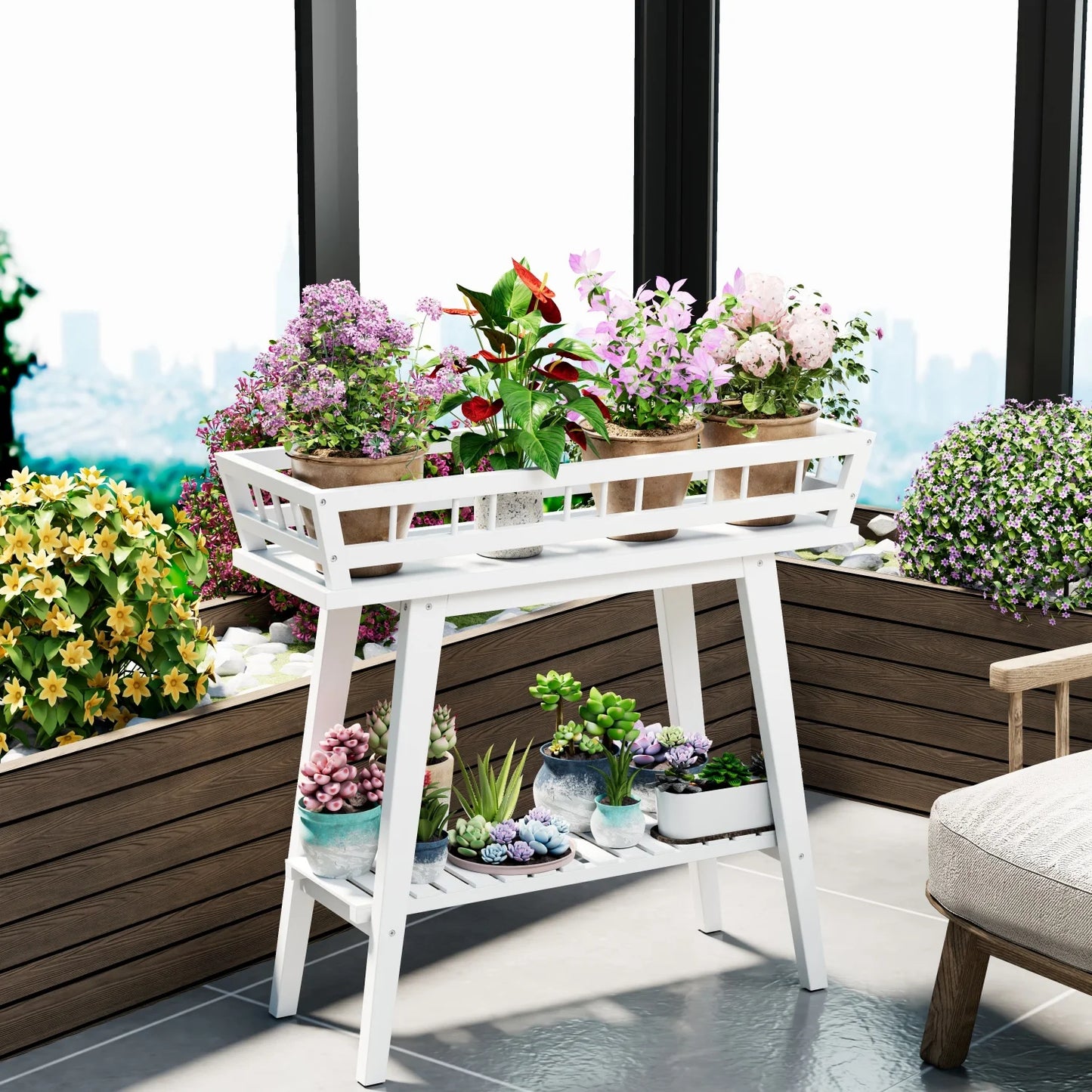 Two Tier Bamboo Plant Stand For Balcony And Living Room