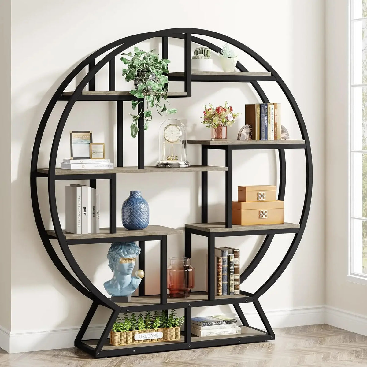 Tribesigns Round Industrial Bookshelf With Staggered Wood Shelves