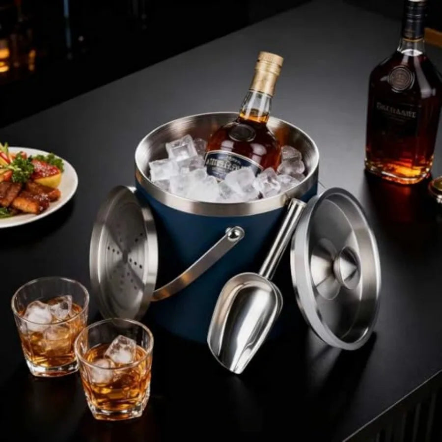3L Double-Wall Insulated Stainless Steel Ice Bucket with scoop for Cocktail Bar - Metal Ice Bucket for freezer with Lid for par